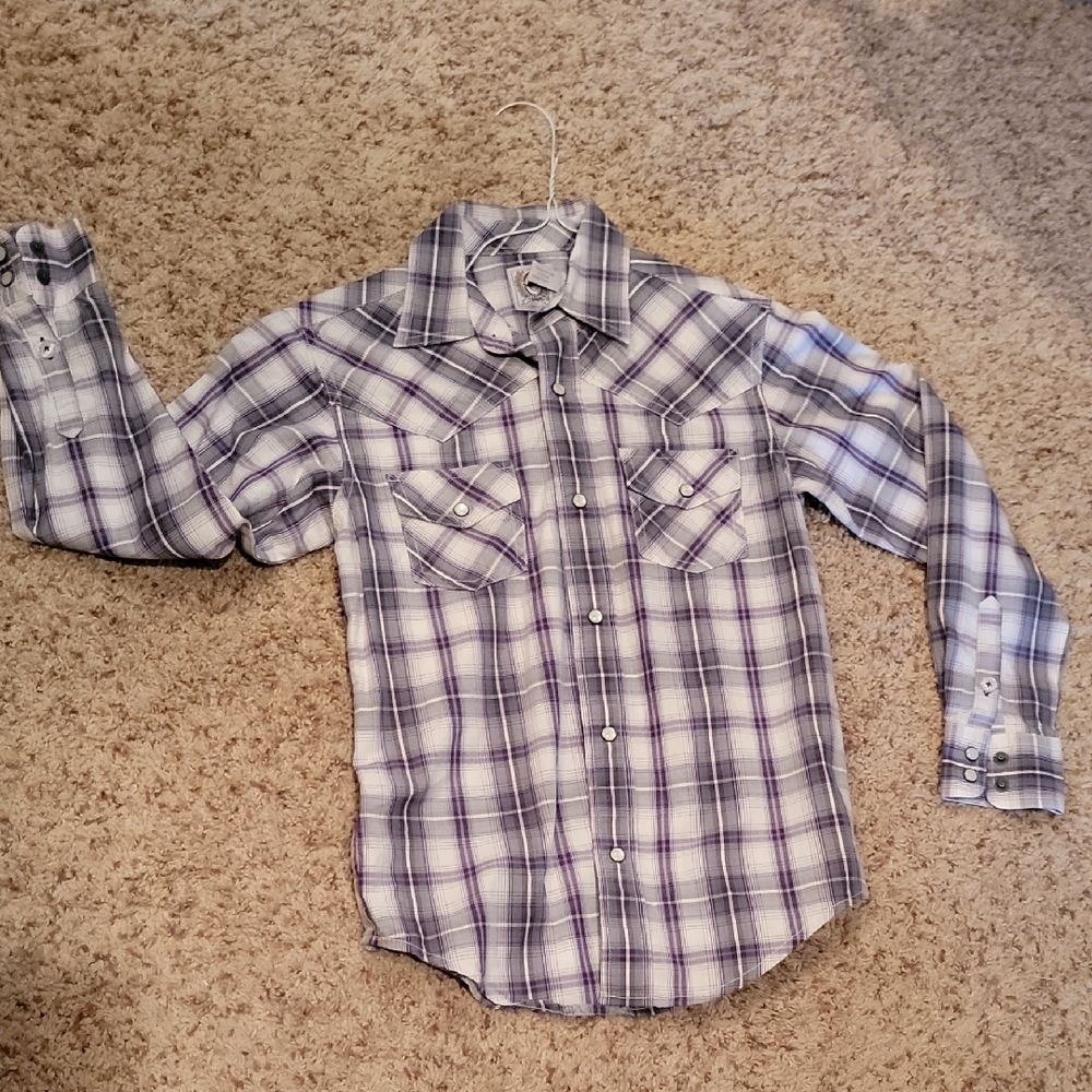 Cinch Boys Pearl Snap Plaid Shirt in Purple, Grey, and White